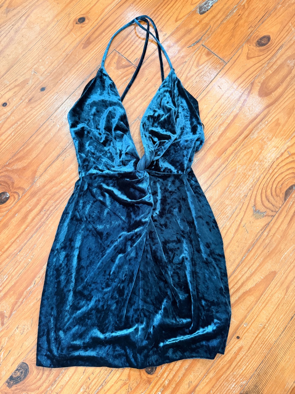 Zara Teal Velvet Twist-Front Mini Dress